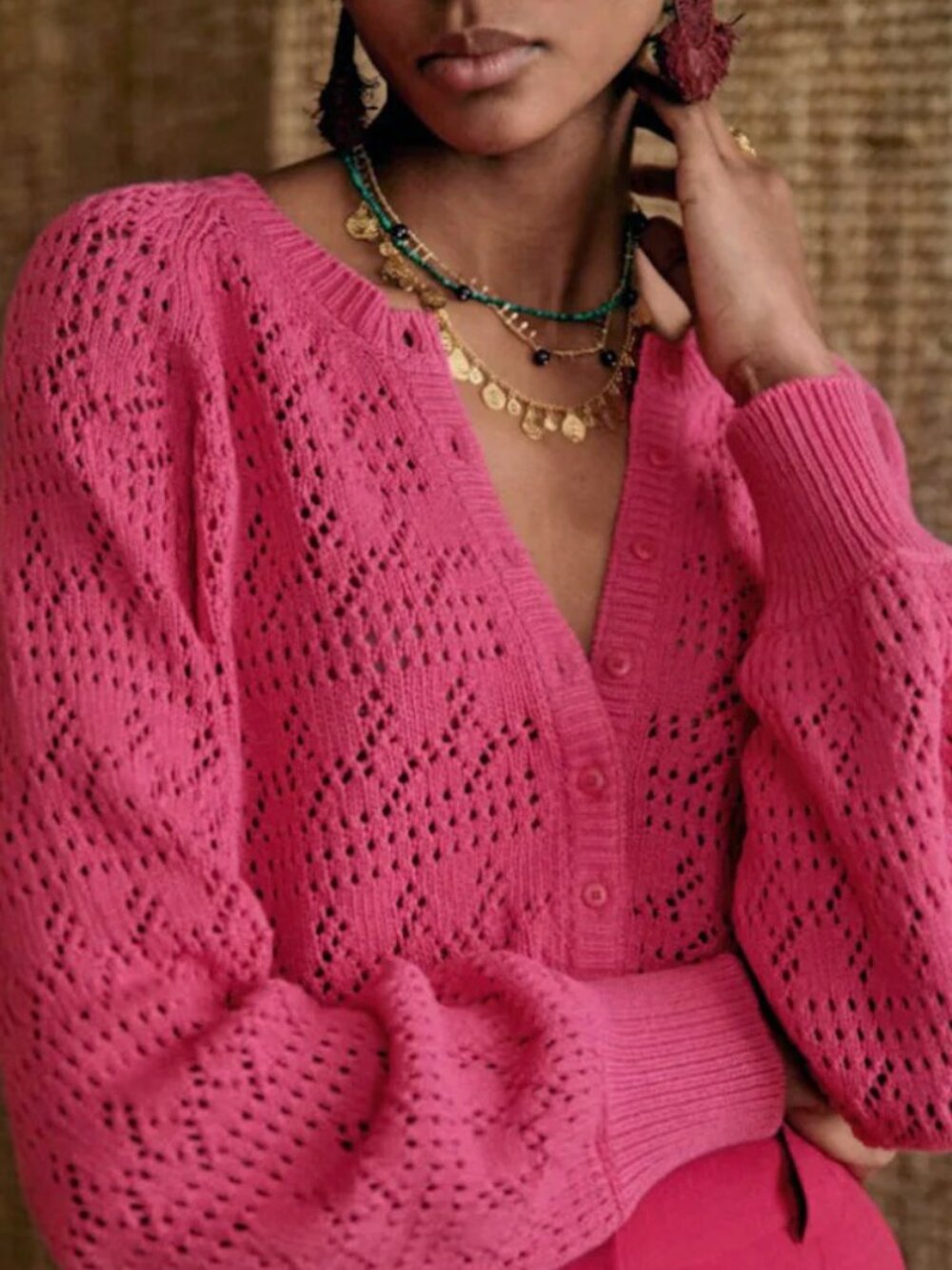 Like New Sezane Capucine 100% Cotton Crochet Cardigan Hot Pink Small